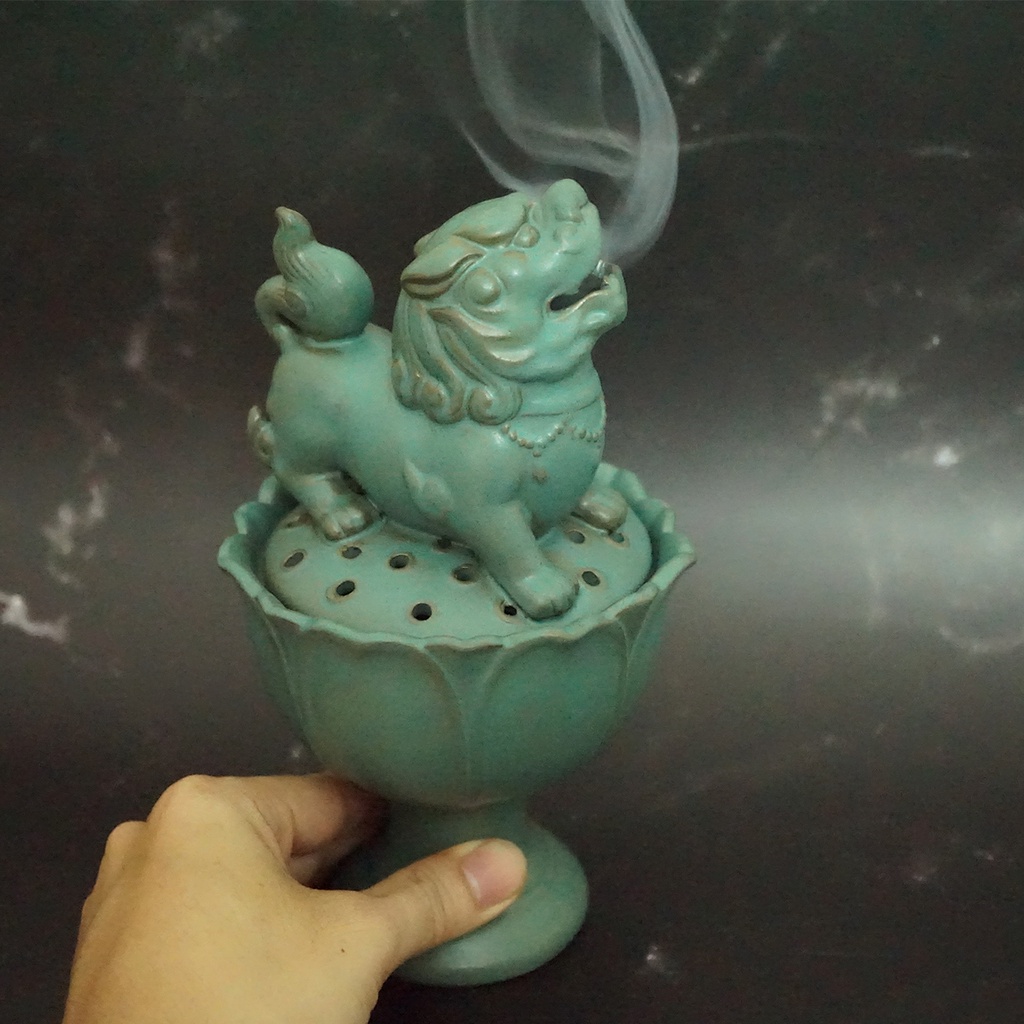 Đỉnh Sư Tử xông Trầm Hương nhả khói màu Xanh cực đẹp