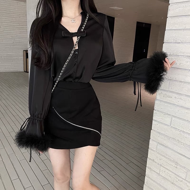 ÁO SƠ MI LỤA NỮ PHỐI LÔNG VŨ ĐEN PHONG CÁCH SANG TRỌNG CHIC GIRL