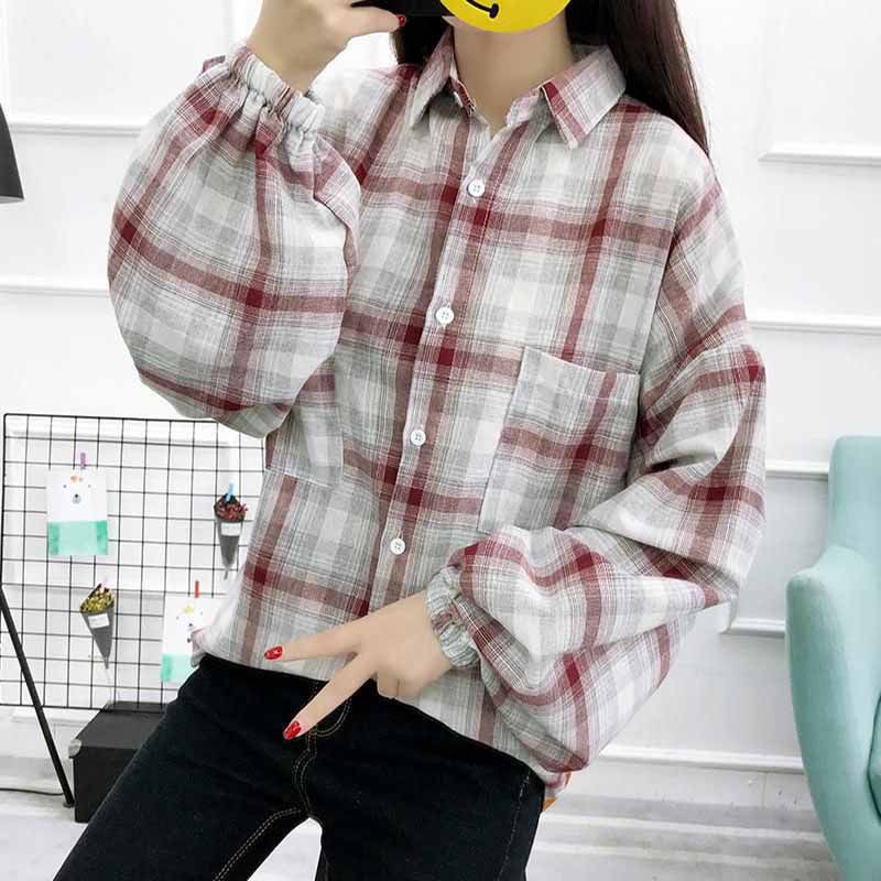 Áo sơ mi tay dài dáng rộng hoạ tiết sọc ca-rô phong cách retro