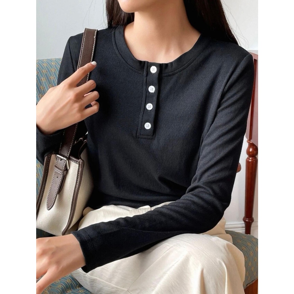 Áo len tăm cổ tròn cài khuy cổ croptop dài tay dáng ôm thanh lịch