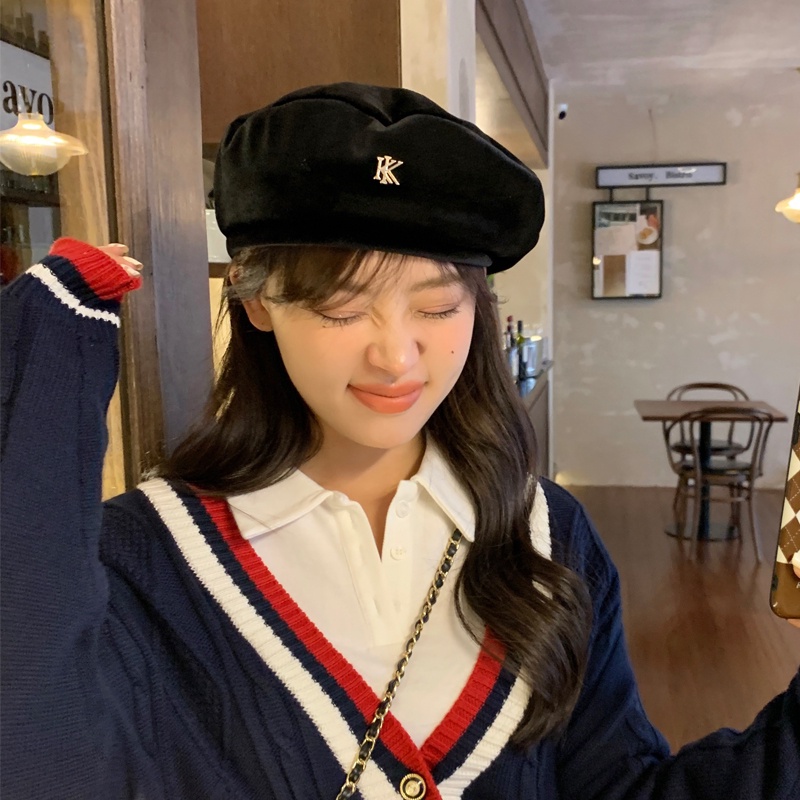 Mũ Beret Năm 2021 Phong Cách Hàn Quốc Màu Đen Bằng Vải Nhung Thời Trang Thu Đông Cho Nữ