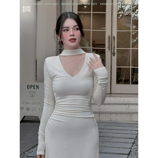 Váy maxi len tằm dây cổ, váy ôm body hở lưng dài tay, mặc dự tiệc, đi chơi, thời trang hot trend thu đông 2023 | XTV34