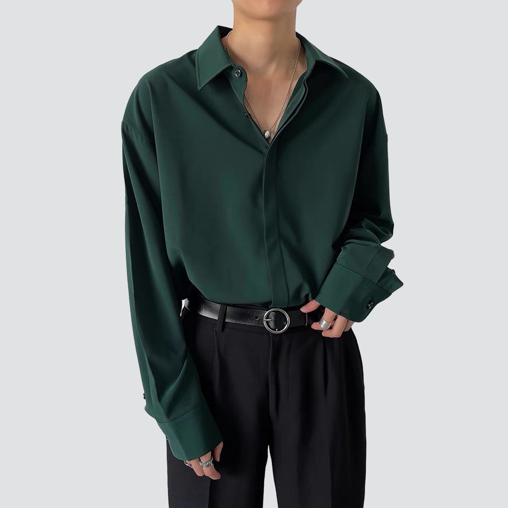 Áo sơ mi xanh giấu nút form rộng tay dài cổ vest MÀU TRẮNG vải lụa mát unisex