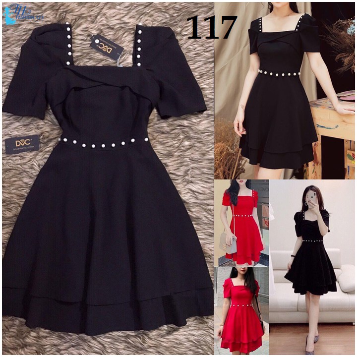 Đầm váy 2 tầng cổ vuông kết hạt tay ngắn TH117