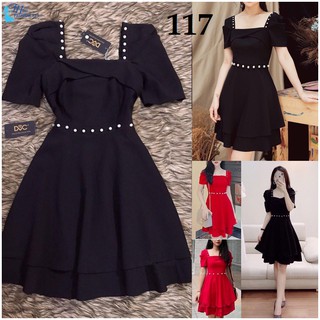 Đầm váy 2 tầng cổ vuông kết hạt tay ngắn TH117