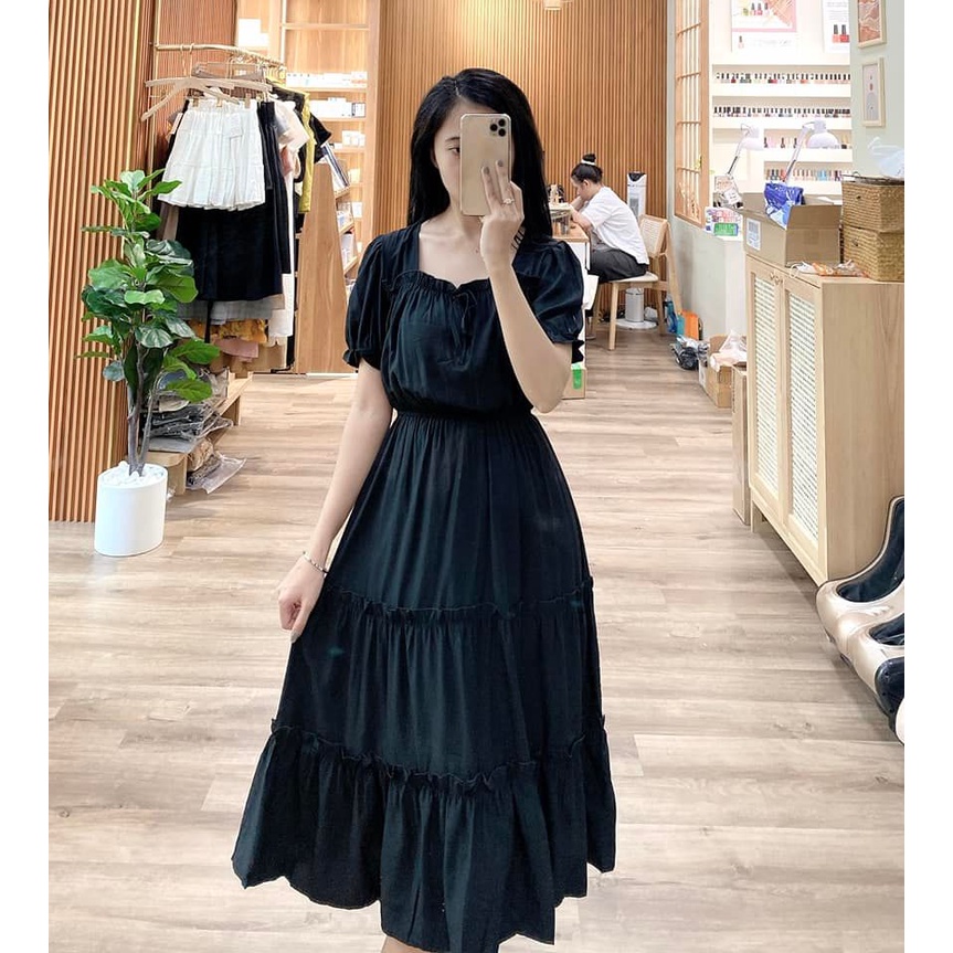 Váy dài cổ vuông chun eo - ALISA
