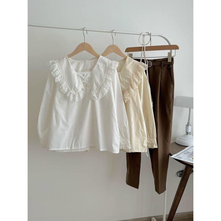 [ẢNH THẬT] Áo Sơ mi vintage Bèo Viền Cổ Dáng Form Rộng Hàn Quốc