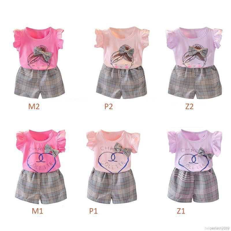 Set áo thun in chữ + Quần short caro cho bé gái