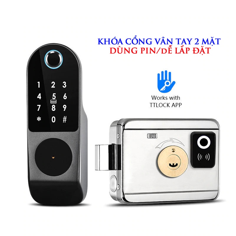 Khóa Cổng Vân Tay 2 Mặt Dùng Pin cho gia đình, nhà trọ