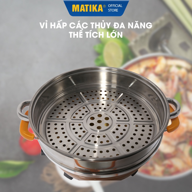 Nổi Lẩu Điện Đa Năng Matika Chính Hãng Kèm Vỉ Hấp Cách Thuỷ và Xửng Hấp Siêu to và chắc chắn, Bảo Hành 12 Tháng
