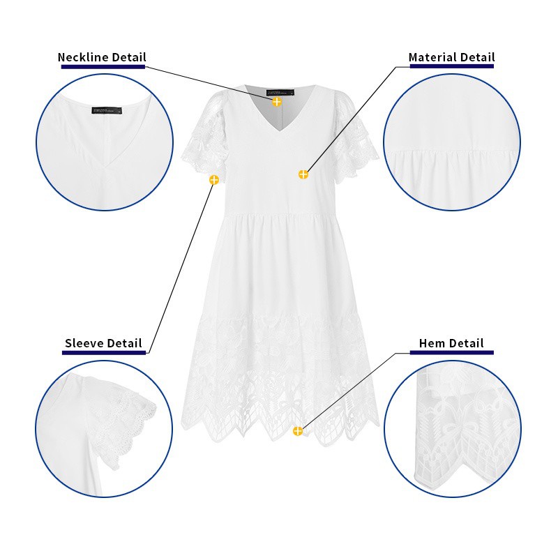 Áo Đầm ZANZEA Dành Cho Nữ Thiết Kế Cổ Chữ V Tay Ngắn May Phối Ren Mini