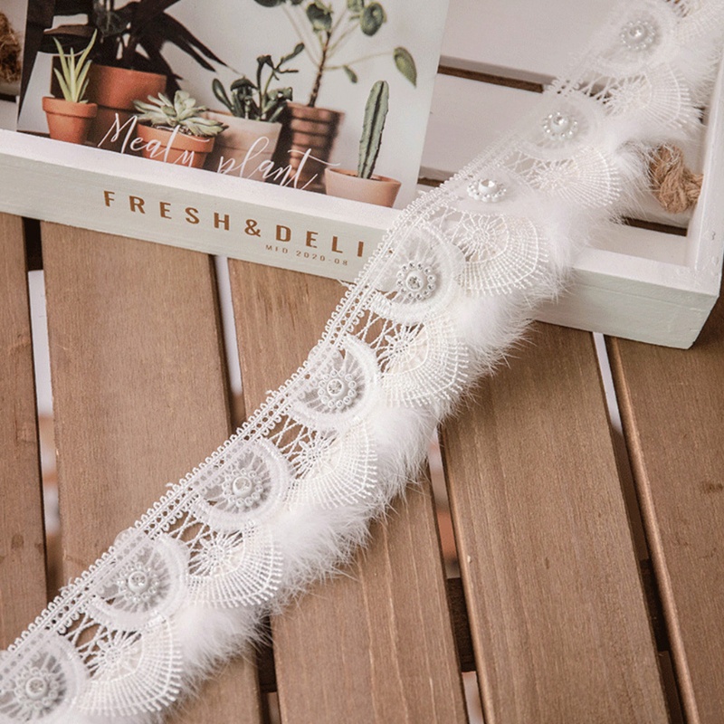 Dây ruy băng ren lưới đính ngọc trai giả xếp ly dài 1 yard dùng trang trí váy cưới DIY