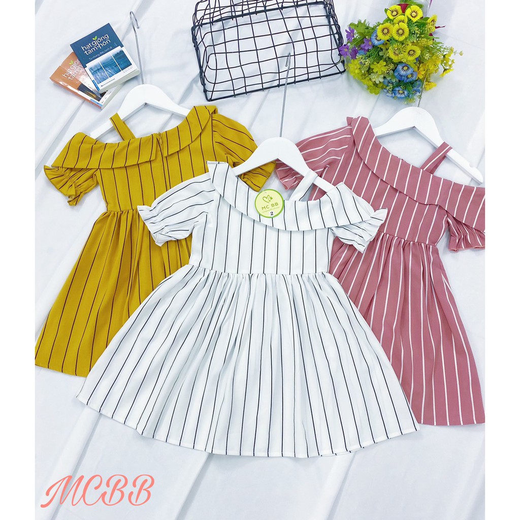 MCBB - Size Vừa 24-48 Kg Váy Babydoll Bé Gái Tay Phồng Tiểu Thư Lệch Vai Lụa Sọc Váy Bé Gái Trẻ Em Nữ Từ 1-16 Tuổi S11