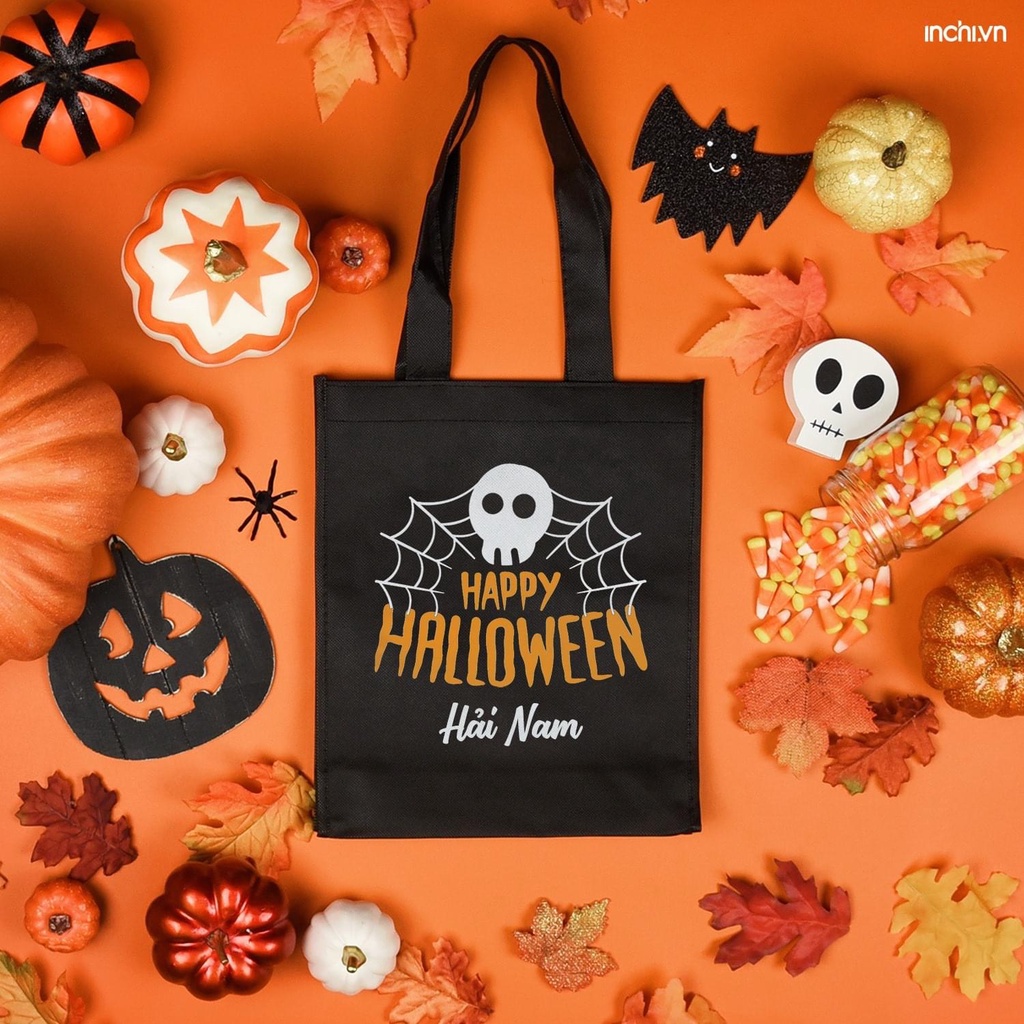 ( Có in theo yêu cầu, sll) Túi Tote Đen Khóa Vải Canvas In Họa Tiết Halloween Độc Đáo Thú Vị Có Túi Con