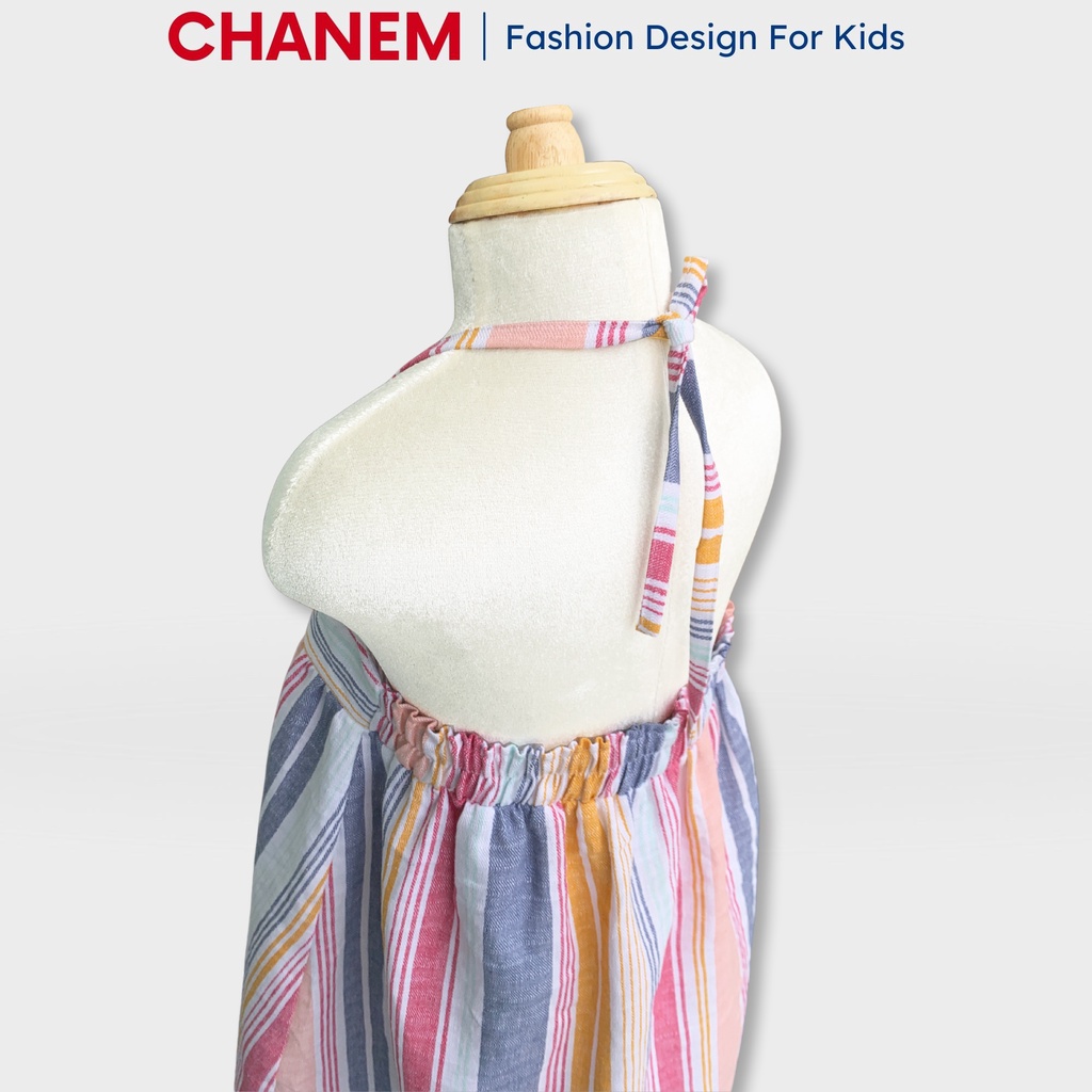 Váy thiết kế cho bé gái cổ yếm chun lưng kẻ sọc phối caro chất liệu Linen cao cấp, Đầm cho bé gái CHANEM