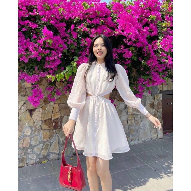 ĐẦM TRẮNG CỔ TRỤ BÈO CUTOUT EO 🤍