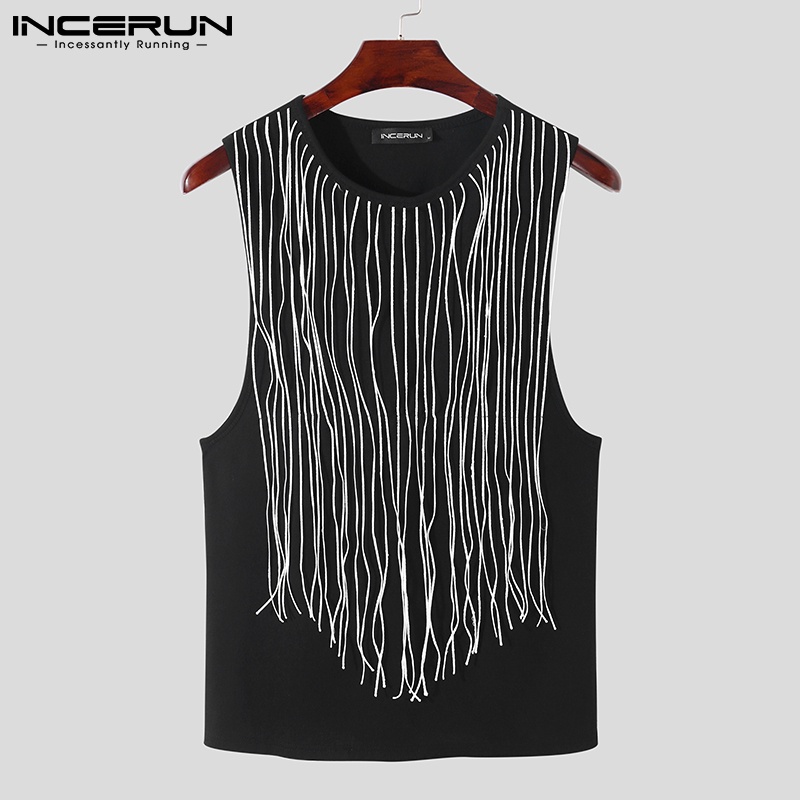 Áo thun INCERUN ba lỗ màu đen dáng rộng phối tua rua thời trang cho nam giới