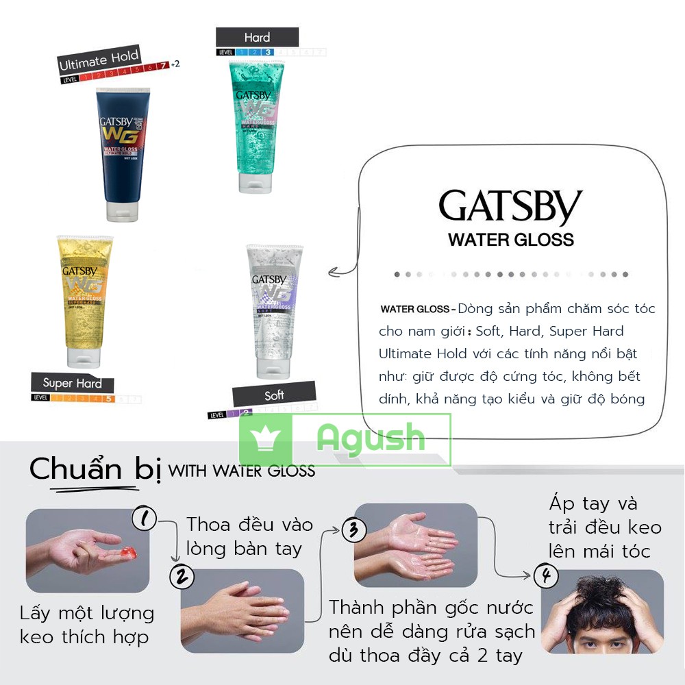 Gel mềm vuốt giữ nếp tóc nam mềm Gatsby Hair Gel Water Hard 170g thế hệ mới vuốt bóng mượt tóc khô chính hãng nhật bản