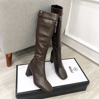 Boot đùi da lì khoá trước gót trụ