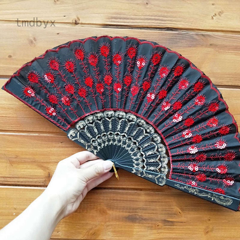 Tmdbyx Quạt Xếp Bằng Nhựa Màu Đen Đính Kim Sa Phong Cách Trung Hoa