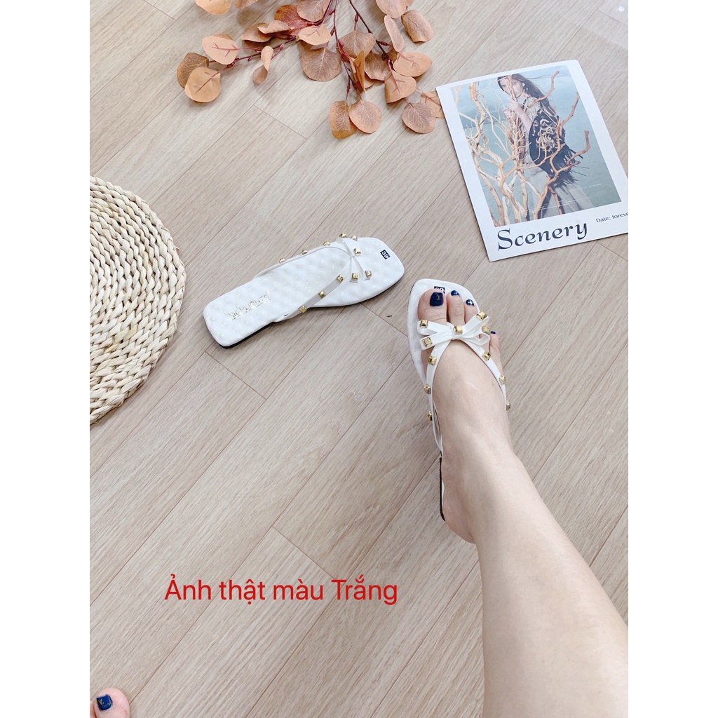 (S70) Dép lê xỏ ngón nữ nơ nạm đinh vàng dẹt lòng hạt tròn (D.220)