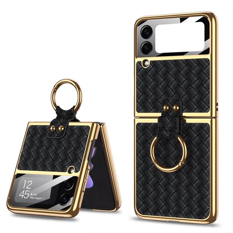 Ốp Z Flip 4 Điện Thoại Da Nắp Gập Có Vòng Nhẫn Mạ Điện Sáng Tạo Cho Samsung Z Flip4 3 Galaxy Z Flip 3