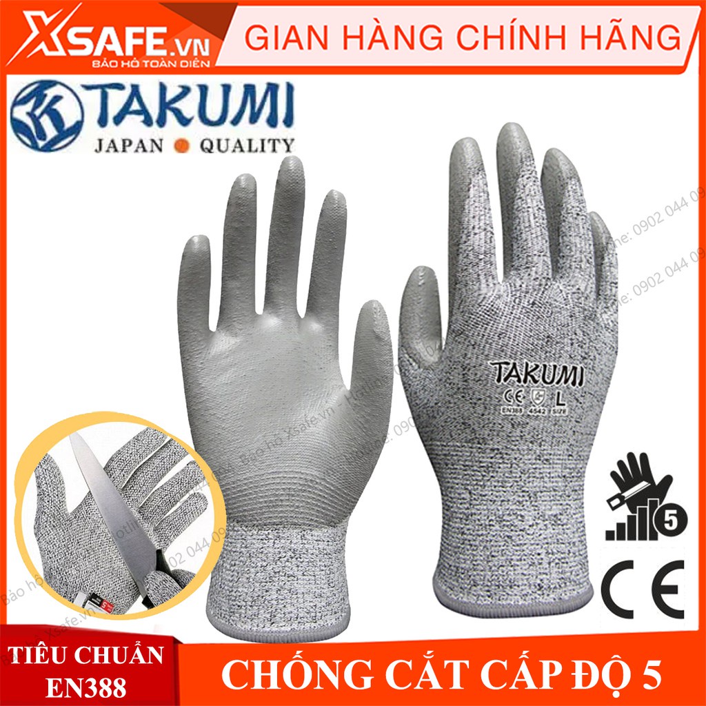 Găng tay chống cắt Takumi P-775 cấp độ 5 độ khéo léo cao - lòng bàn tay phủ PU chống dầu, tăng độ bám Găng tay bảo hộ