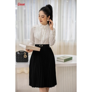 Chân váy đen Mango dập ly xoè to nhỏ, cạp phối đai Toson 37555B52