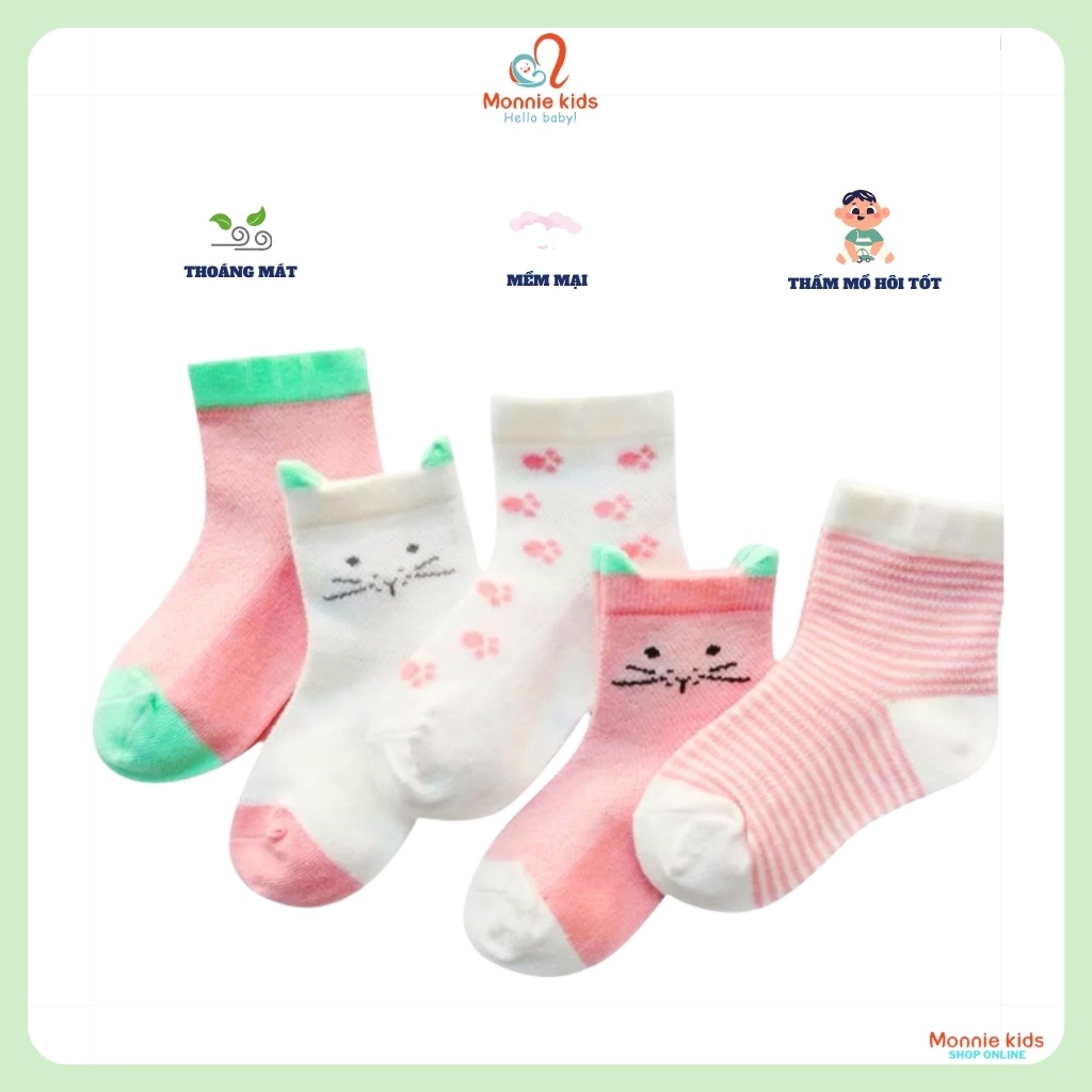 Set 5 đôi tất lưới cho bé, vớ lưới cotton họa tiết thấm hút mềm mại - Monnie Kids