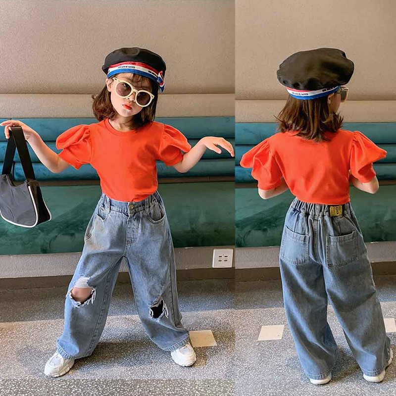 Quần jean ống rộng màu trơn thiết kế rách gối phong cách Hàn Quốc thời trang dành cho bé gái