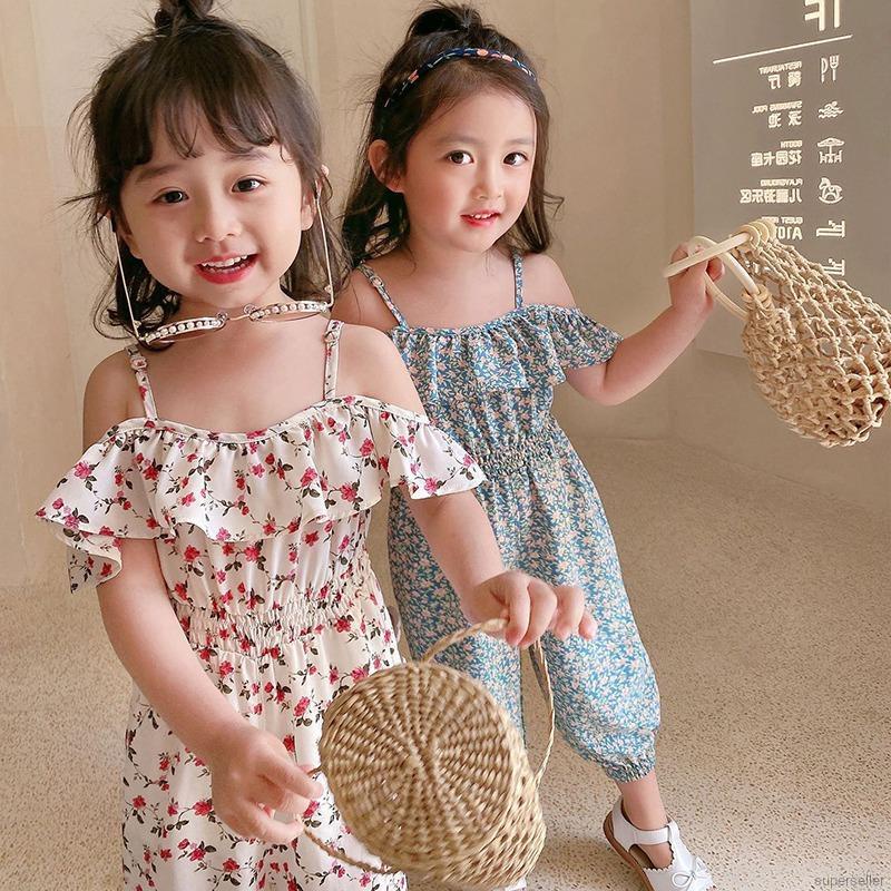 Jumpsuit trễ vai in hoa thời trang mùa hè cho bé gái