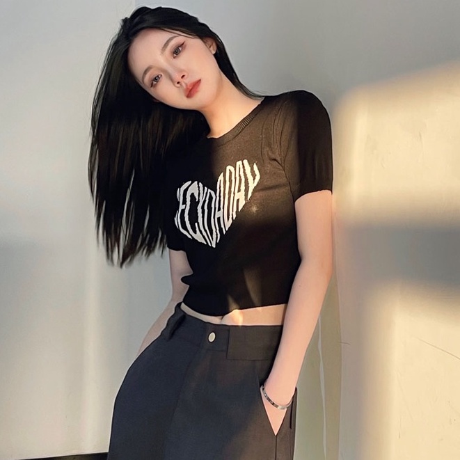 QKOOLE Áo thun len tay ngắn cổ tròn đơn giản dành cho nữ