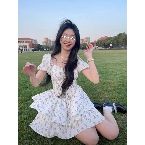 Đầm hoa ôm eo váy đầm tay phồng dáng ngắn xoè cho nữ