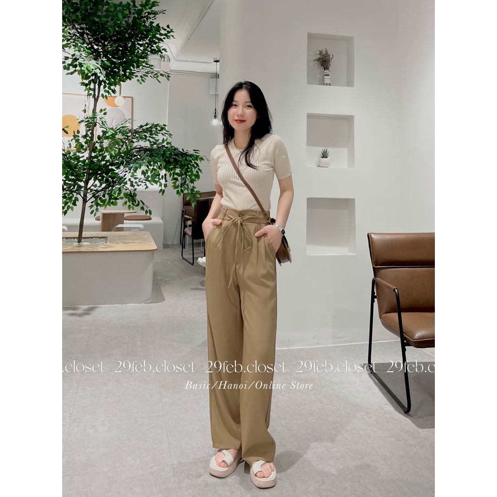 Quần ống suông 1 khuy cạp cao thắt nơ chất Ruby trượt hàn - 29feb.closet - Q38