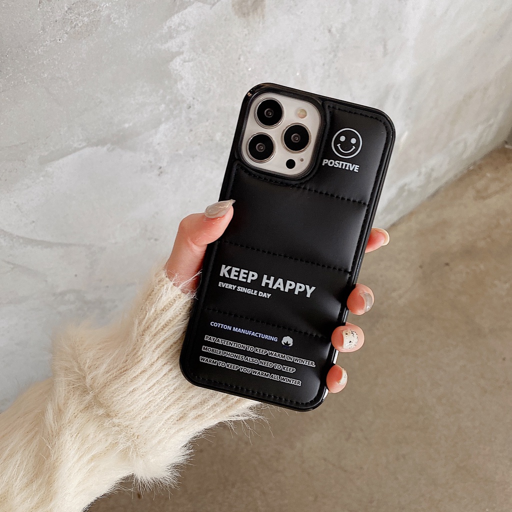 Ốp Điện Thoại Màu Đen Chống Sốc Họa Tiết Chữ Keep Happy Cho iPhone 14 / 13 / 12 / 11 / X / 8 / 7P
