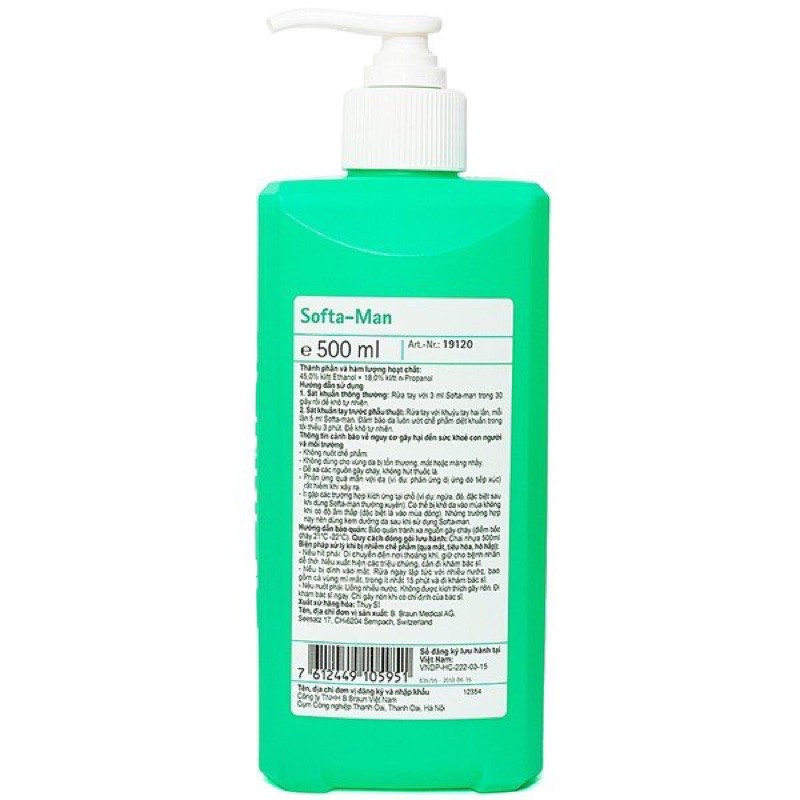 Dung dịch rửa tay khô Softaman / Softa Man 500ml (B.Braun) chuyên dùng trong phòng khám, bệnh viện (CHÍNH HÃNG)