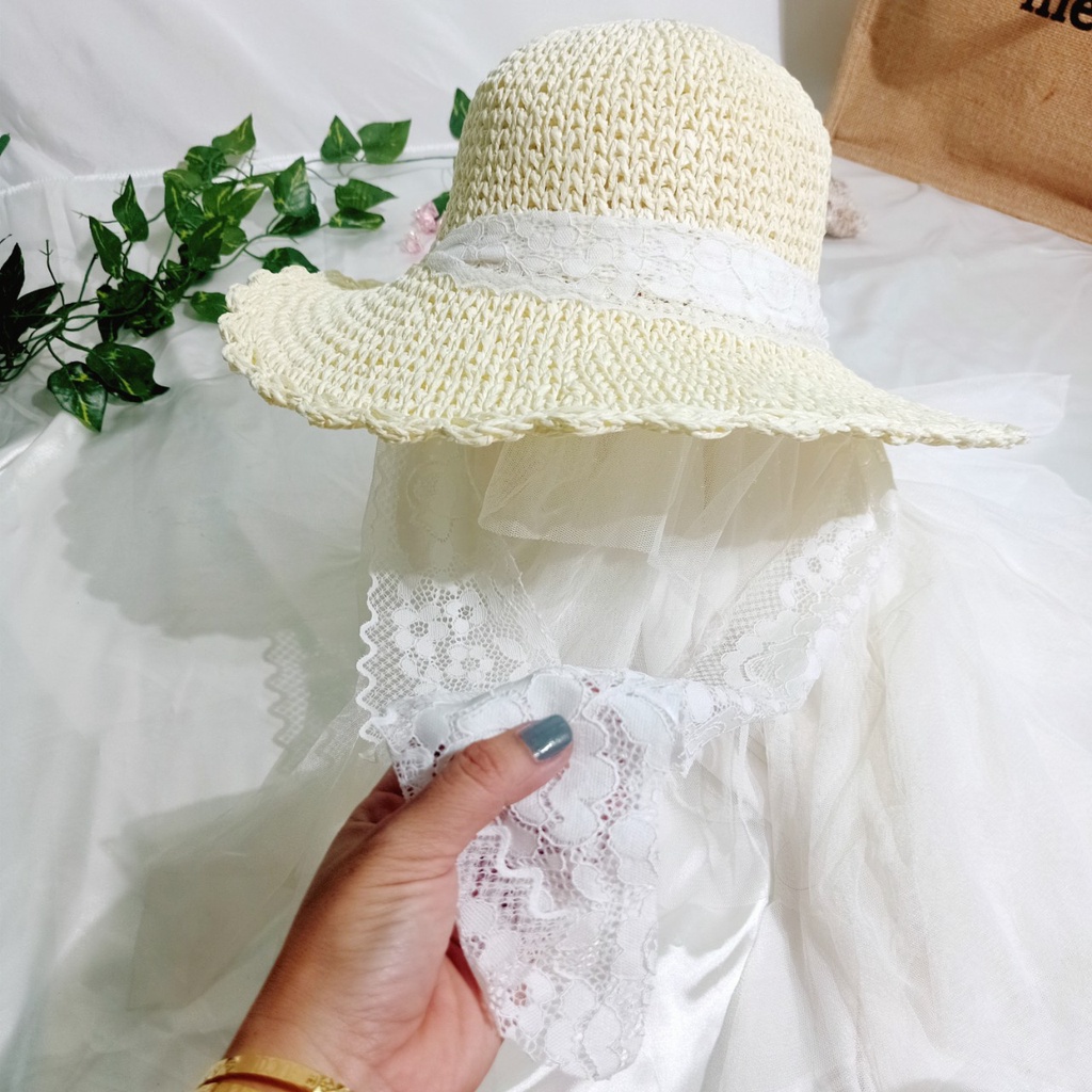 Nón cói,mũ cói nữ mềm nơ ren tiểu thư hàng nhập cao cấp thắt được 2 kiểu_ren trắng 2 kiểu