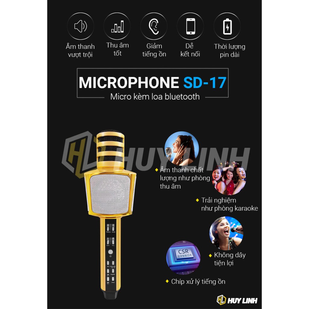 Micro hát karaoke bluetooth SD17 kết nối không dây - Bass cực chuẩn hỗ trợ cổng cắm thẻ nhớ