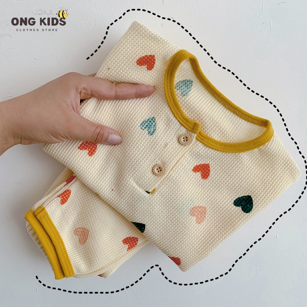 Set quần áo sơ sinh vải cotton tổ ong hình trái tim nhiều màu dài tay, Bộ quần áo bé trai và bé gái mềm mại thoáng mát