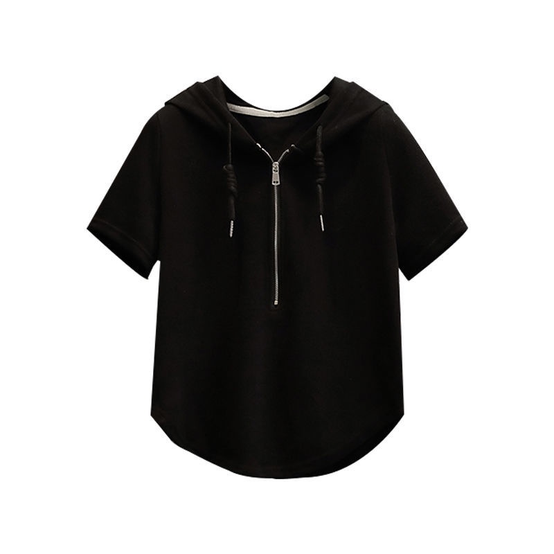 Áo Thun Cotton Tay Ngắn Có Nón Và Dây Kéo Size Lớn Thời Trang Cho Nữ
