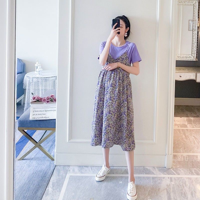 AMOI Đầm Hoa Giả Hai Mảnh Thời Trang Cho Mẹ Bầu