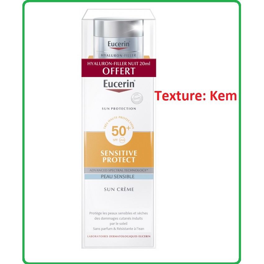 Kem chống nắng EUCERIN SENSITIVE SPF50+ kèm Kem dưỡng da ban đêm EUCERIN Hyaluron-Filler Nuit