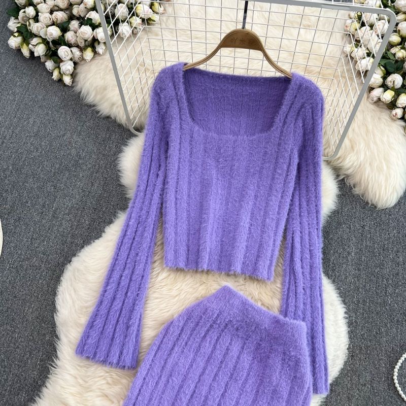Set áo len croptop lông thỏ + chân váy ôm