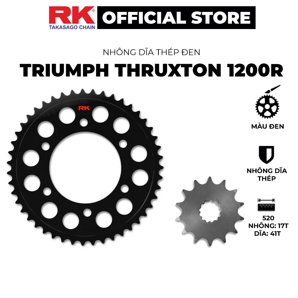Nhông Dĩa RK Takasago chain phân khối lớn Triumph Thruxton 1200R, chất liệu: Thép mạ màu đen, độ dày Nhông Dĩa: 520