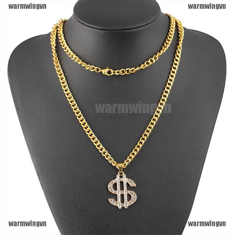 Gold Plated Crystal Dollar Sign Pendant Necklace Gangster Pimp Hip Hop Chain ingvn