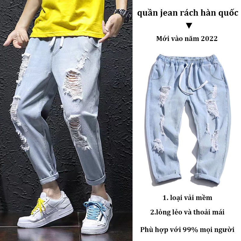 KS 2022 mới phong cách hàn quốc quần jean rách mùa hè hàng hiệu quần baggy nam rách quần ống thẳng quần bút chì D98