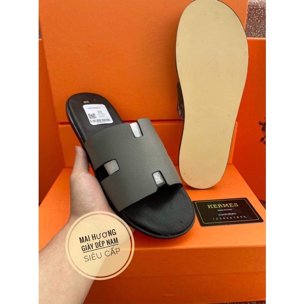 Dép hermes da thật siêu cấp . Dép nam quai ngang chữ h để cao su kèm hộp