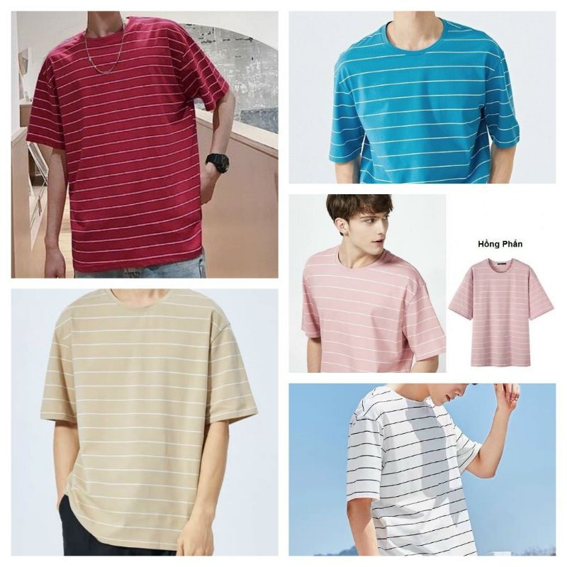 Áo thun unisex phom rộng kẻ sọc nhiều màu freesize phong cách hàn có video ảnh thật