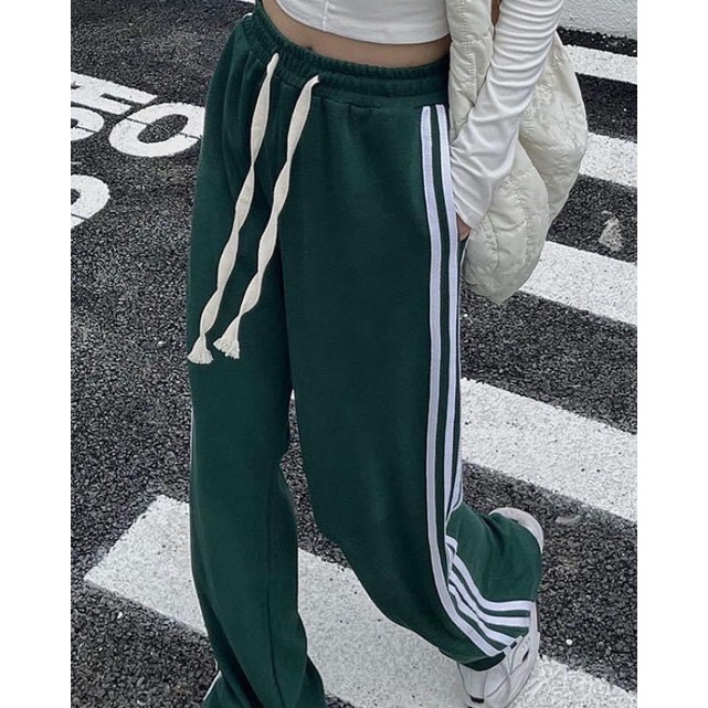 Quần Xuông Ống Rộng Lưng Cao Dáng Dài 3 Line Chất Nỉ Da Cá Dày Dặn Dây Rút Bản To Đi Học Đi Làm