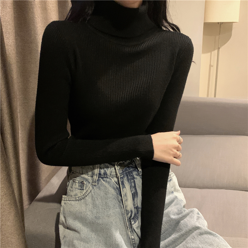 Áo Dệt Kim Tay Dài Cổ Cao Màu Trơn Kiểu Hàn Quốc Dễ Phối Đồ Dành Cho Nữ